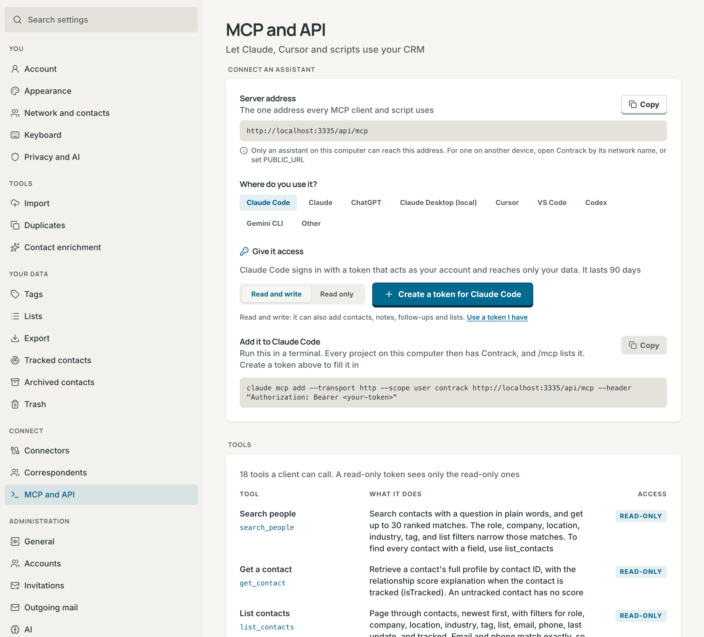 Settings, MCP and API: the server address, the client picker, the token step, the setup to copy, and the tools table