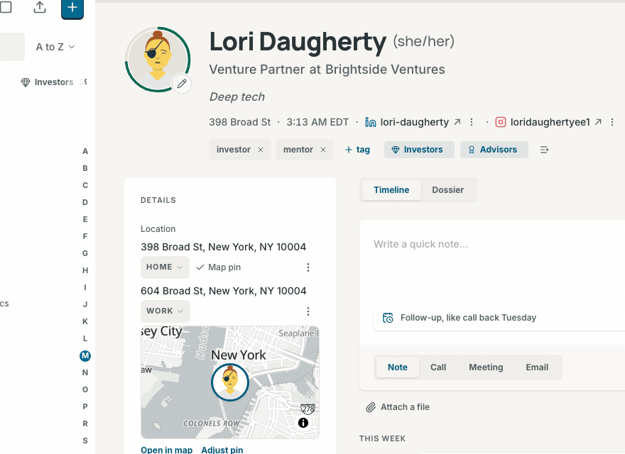 The command palette: part of a name typed, a company chosen from the facet's values, and the matching contact opened