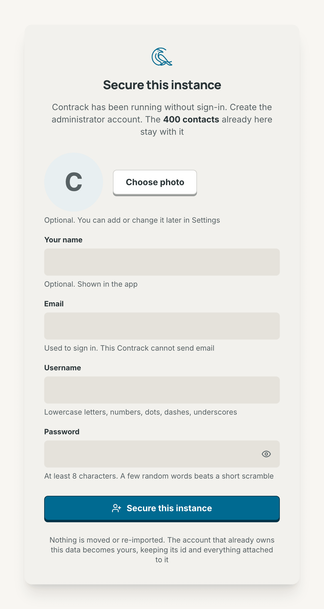 The first-run setup screen, with the photo, name, email, username and password fields