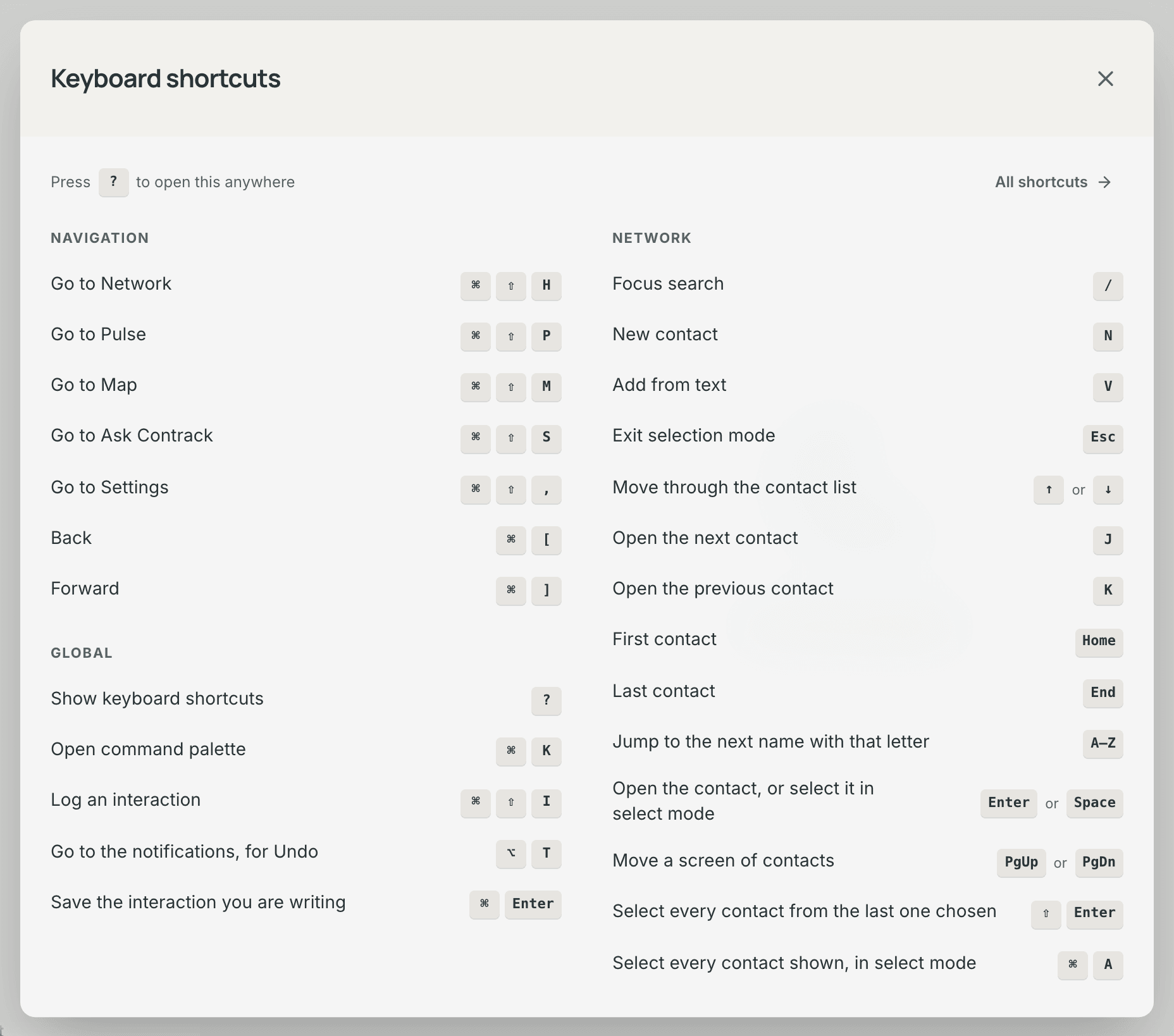 The keyboard shortcuts dialog, with the shortcuts that work everywhere on the left and the shortcuts of the open page on the right