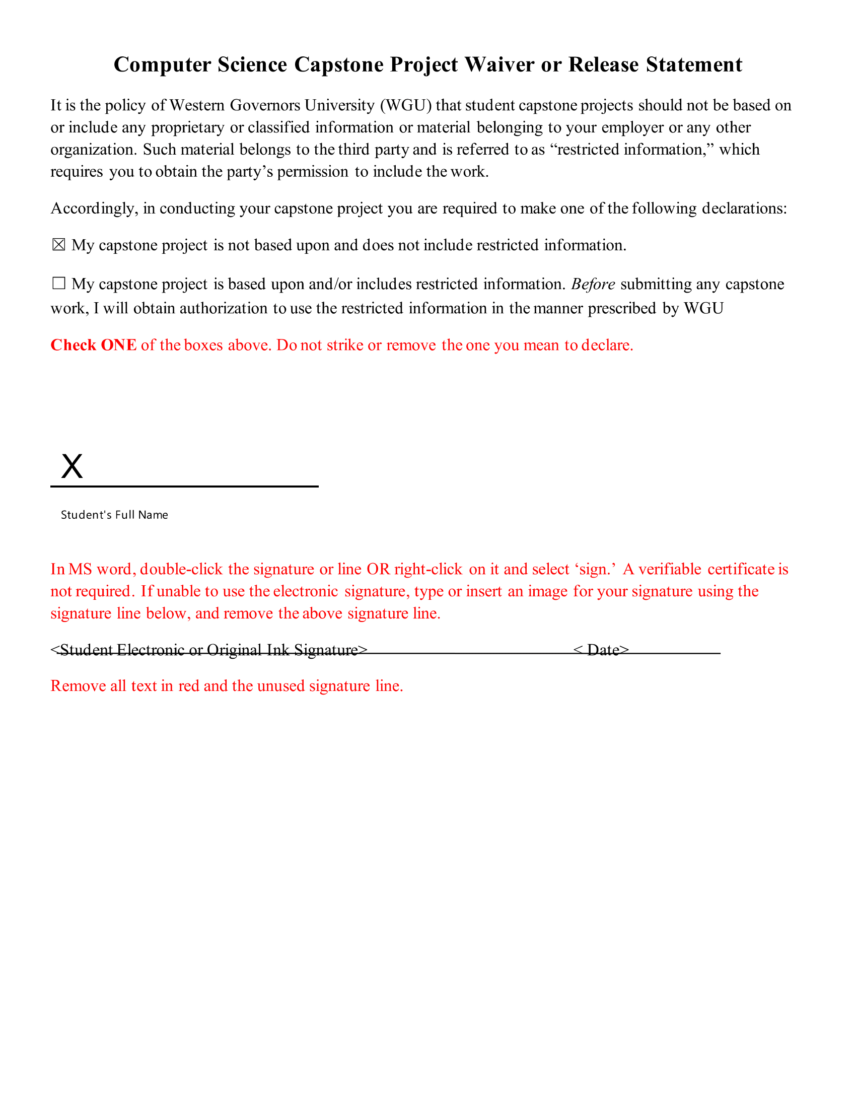 Image of the first page of the waiver Form