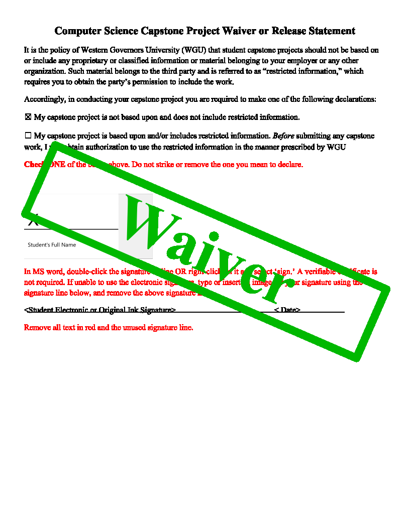 Thumbnail of the waiver form. The word "Waiver" is stamped on it diagonally in green.