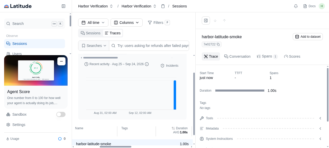 Latitude web UI showing a received trace