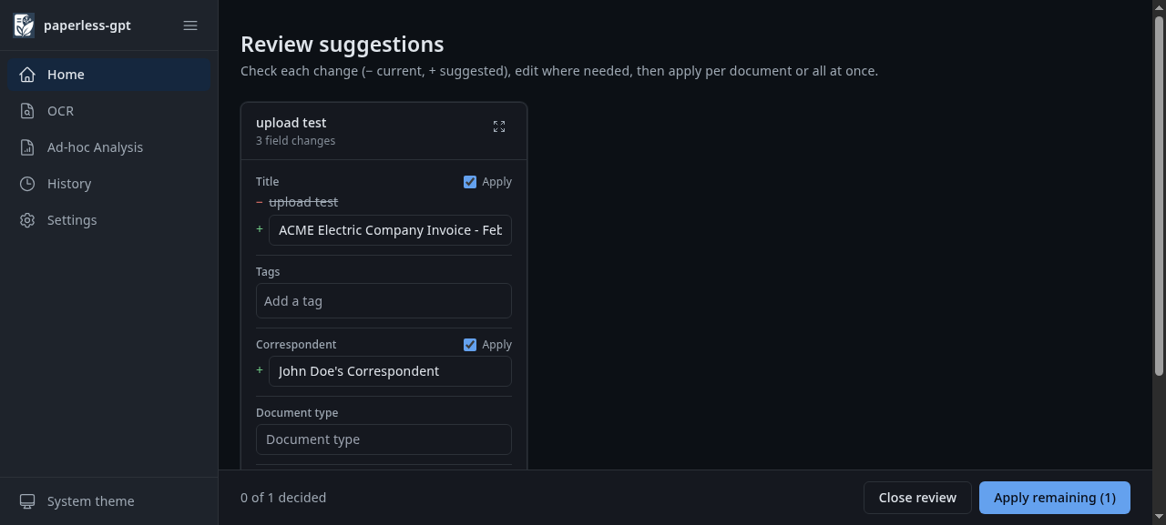 Paperless-GPT review screen with Ollama-generated suggestions