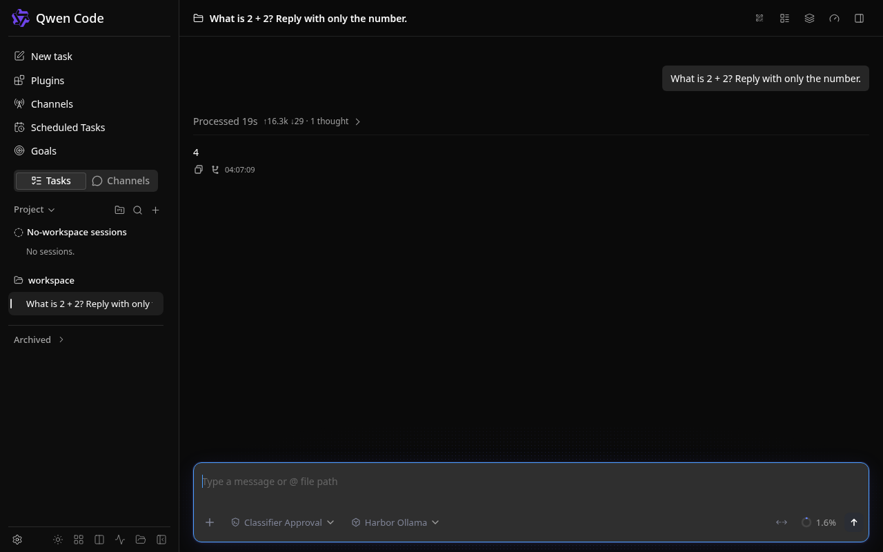 Qwen Code Web Shell running through Harbor