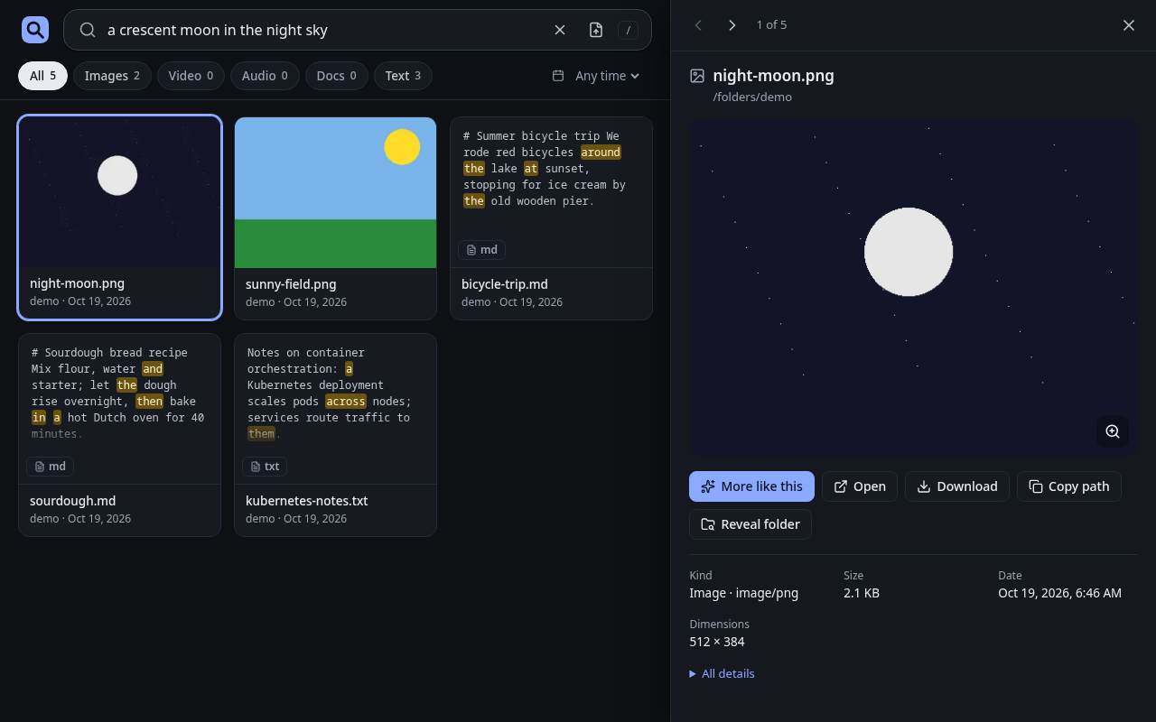 rummage search results with an image preview, running in Harbor