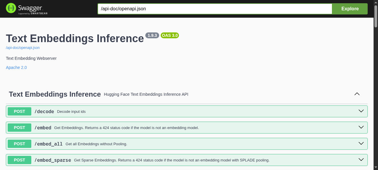 TEI Swagger UI listing the /embed, /rerank and /v1/embeddings endpoints