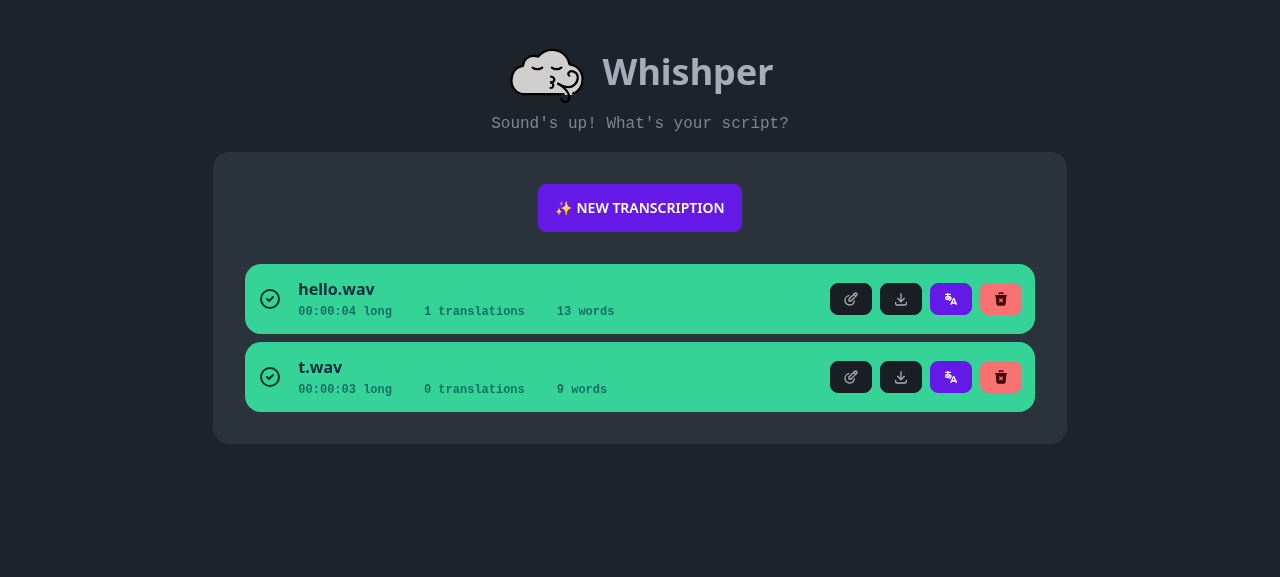 Whishper home page with the transcription list and new transcription form