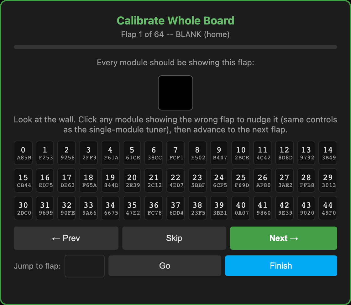 Calibrate Whole Board: every module shows the same flap; click the wrong ones