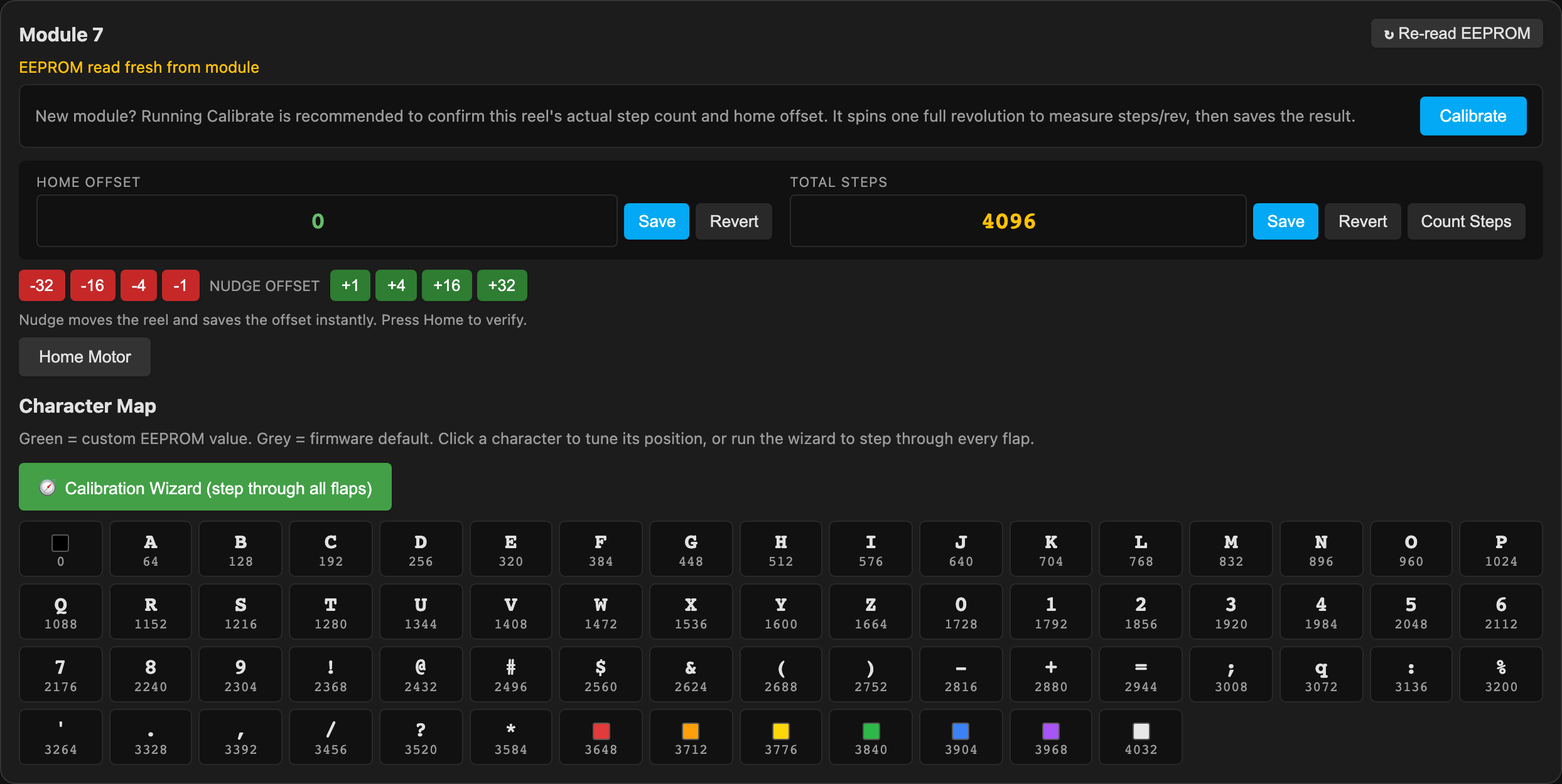 Selecting a module opens its calibration panel — EEPROM values, nudges, and the character map