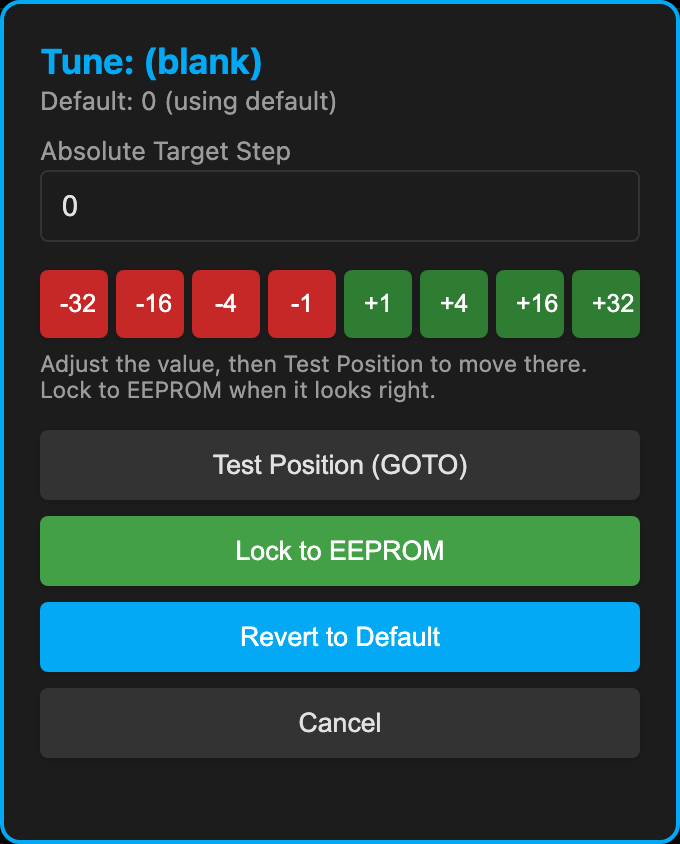 The per-flap tuner: test a position, lock it to EEPROM