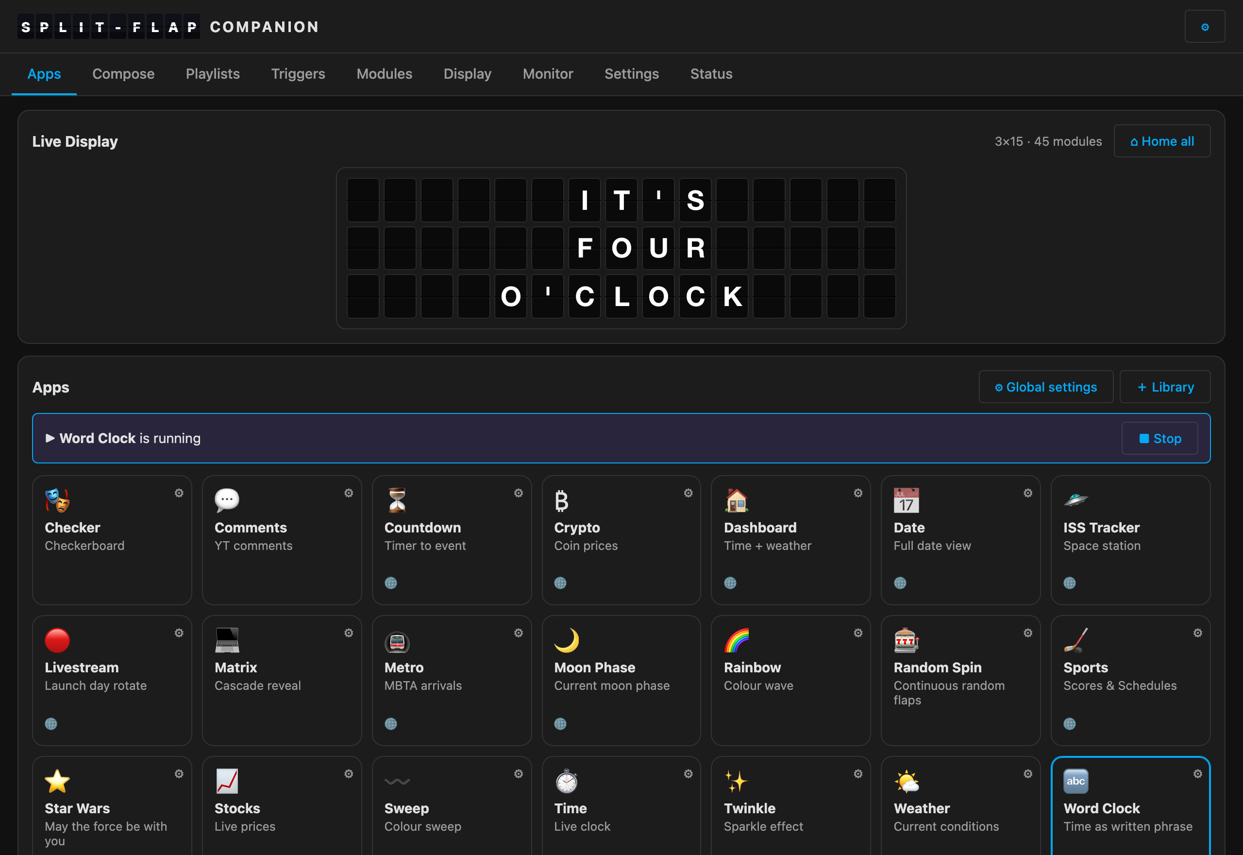 The Companion's Apps tab — a playlist running, the live board mirroring the wall