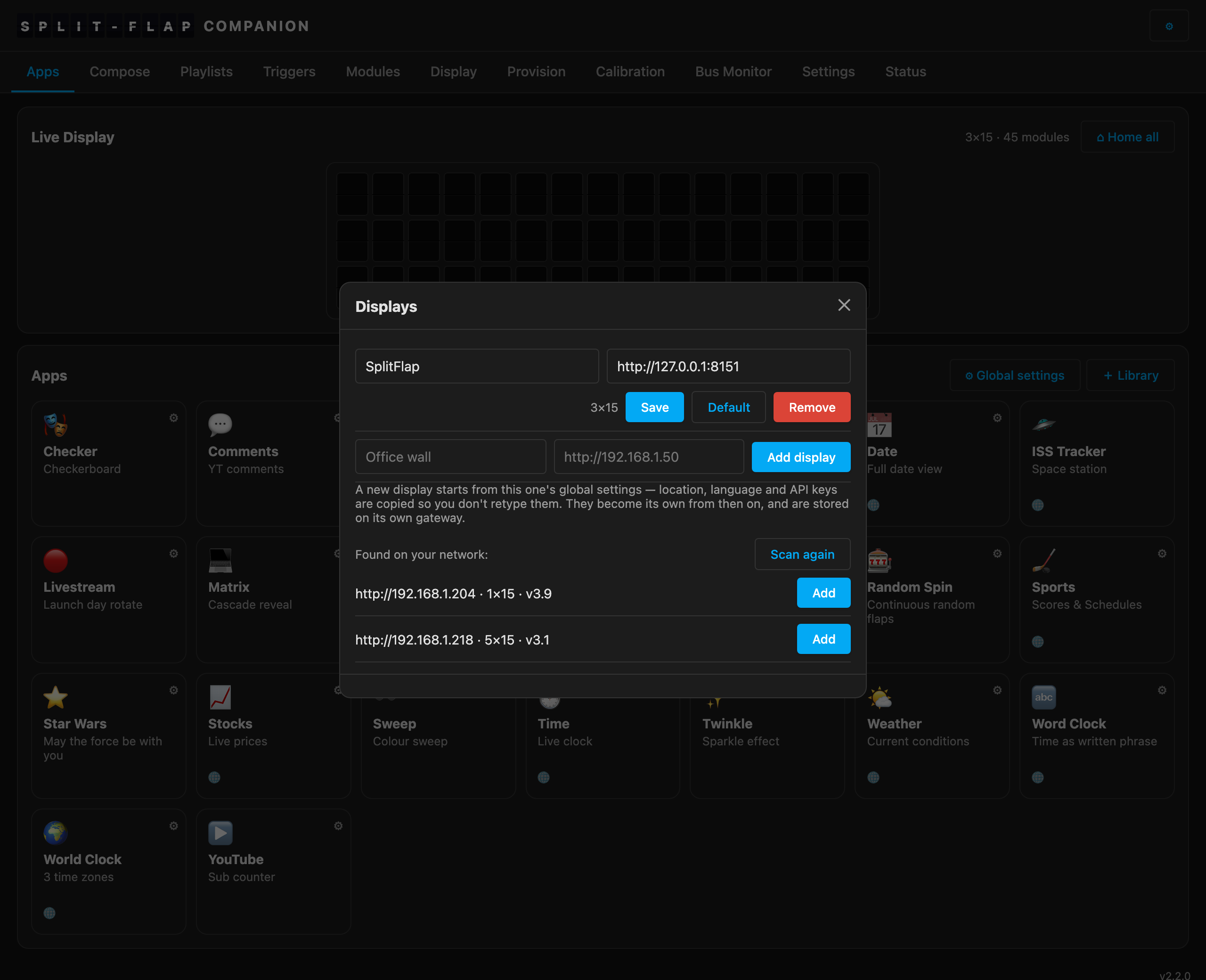 The Displays dialog — the network scan has found two gateways, one tap adds them