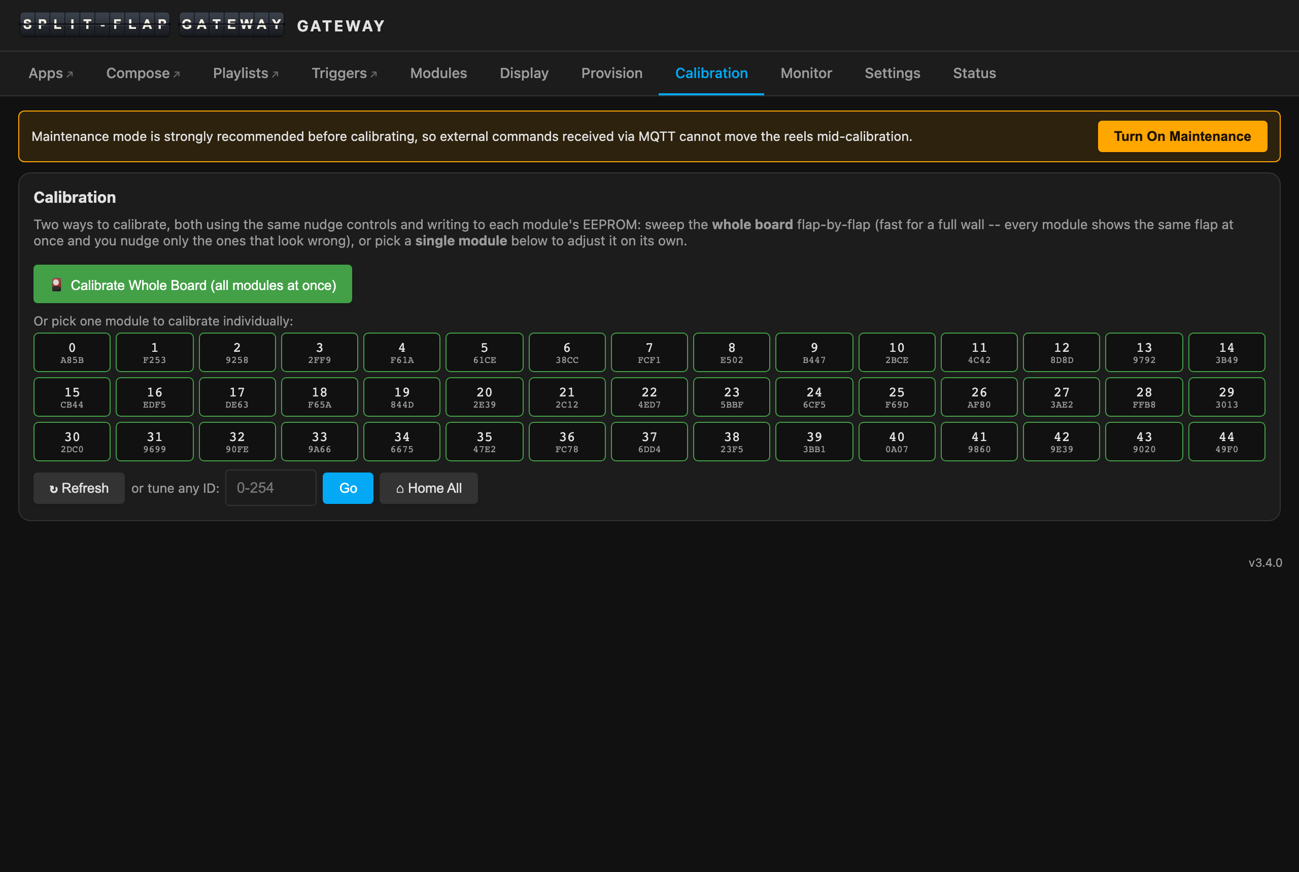 The Calibration tab: maintenance banner, whole-board pass, and the per-module picker