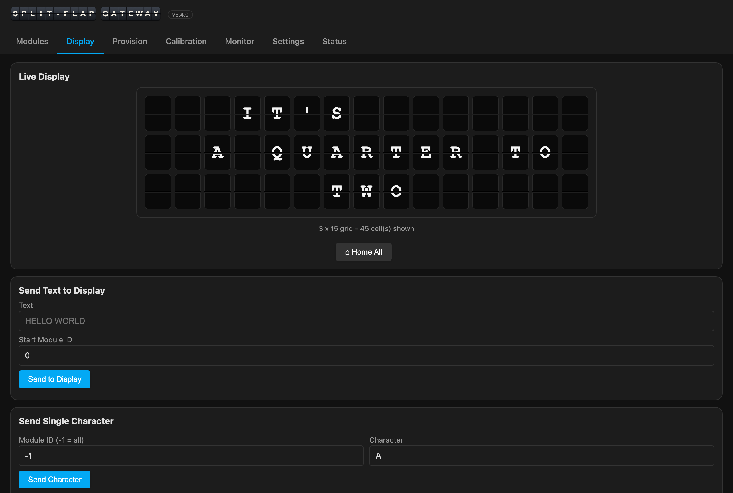 The Display tab — the live wall, and boxes to send text or a single character