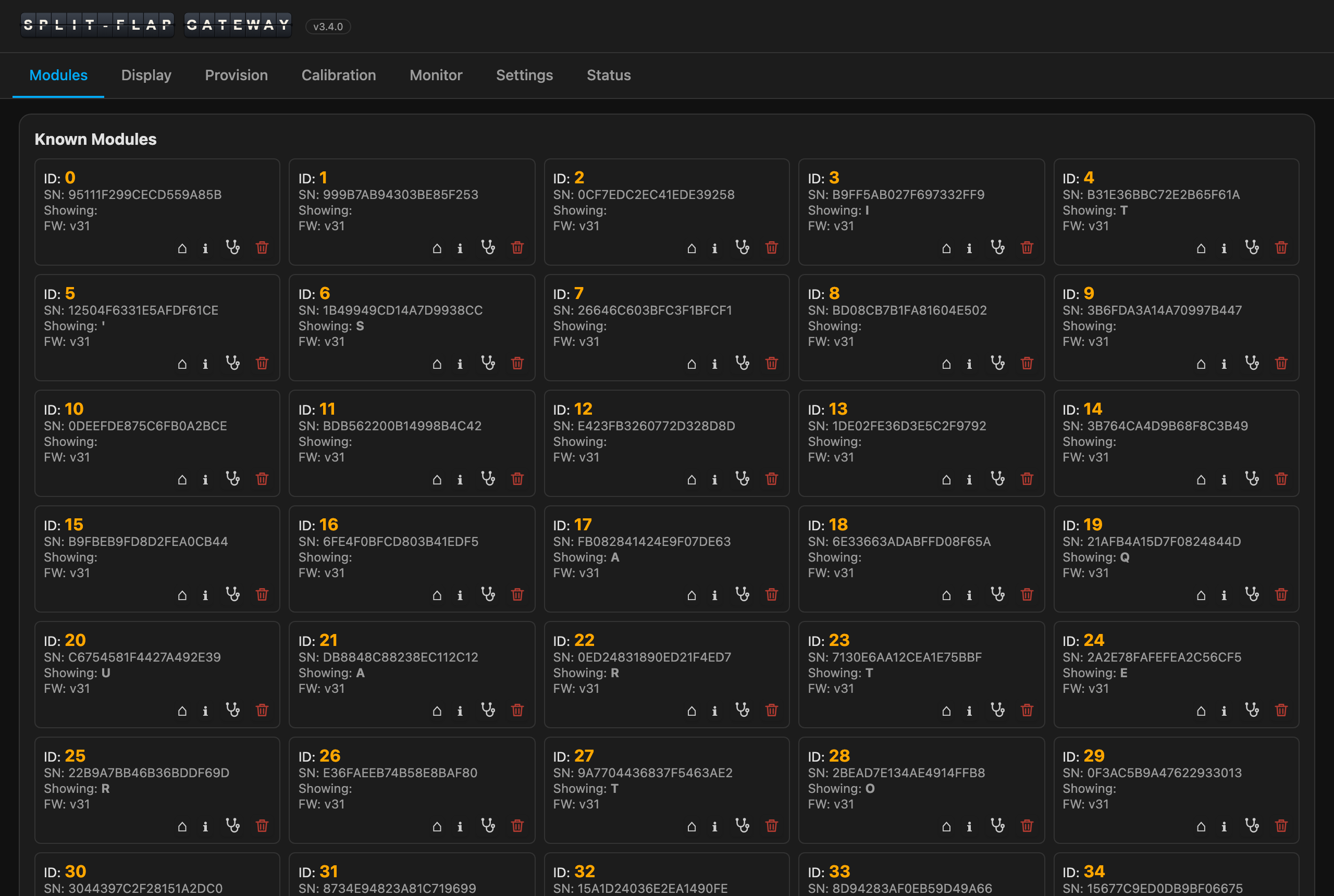 The gateway's dashboard — the Modules tab