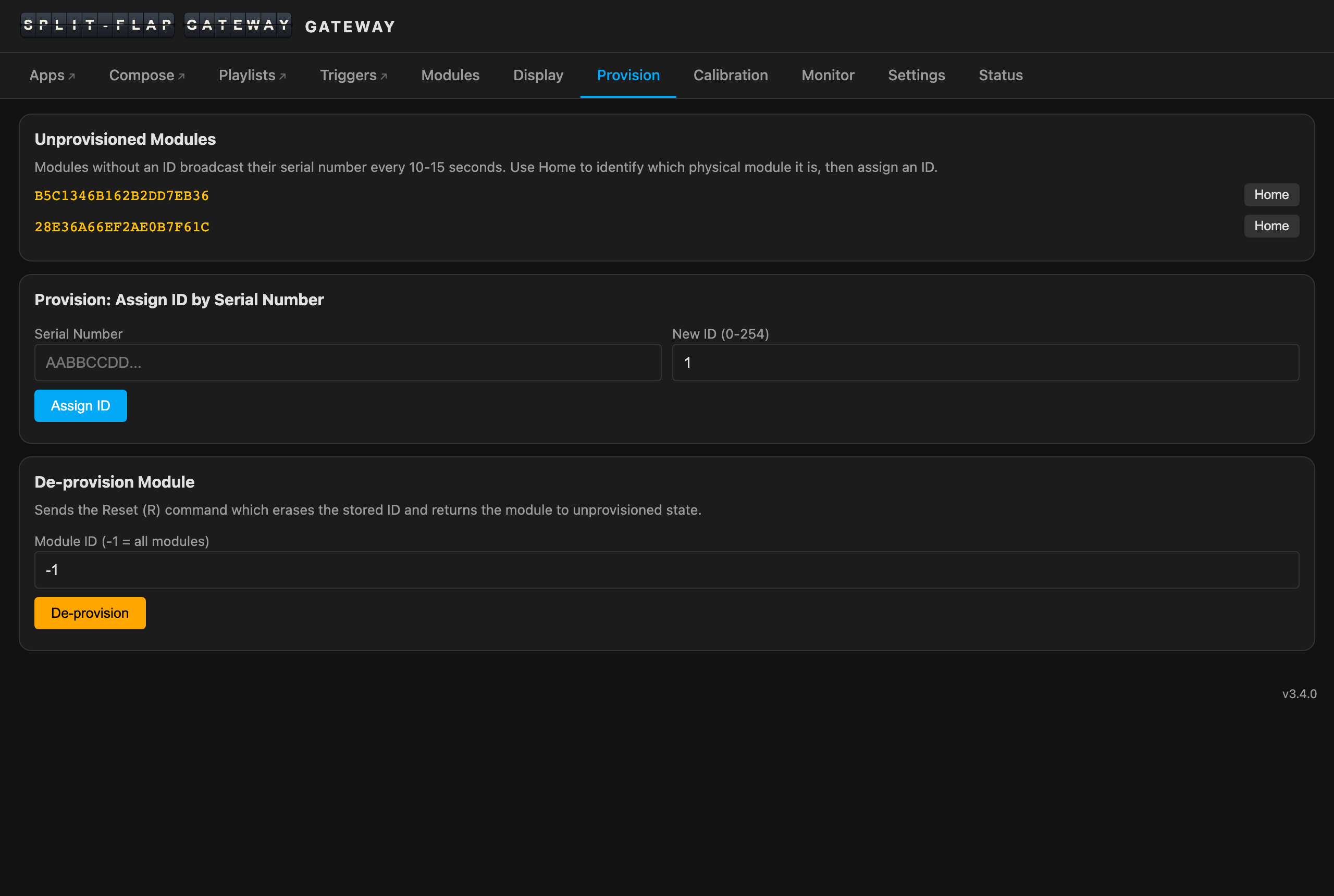 The Provision tab: two modules advertising their serials, ready to be identified and assigned