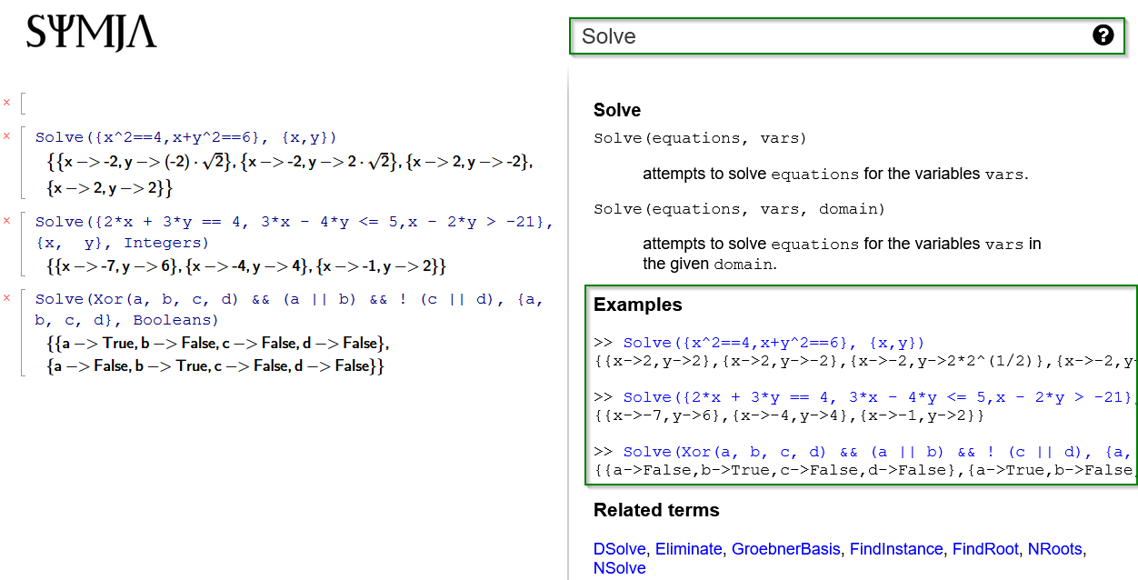 Symja browser help page for function Solve