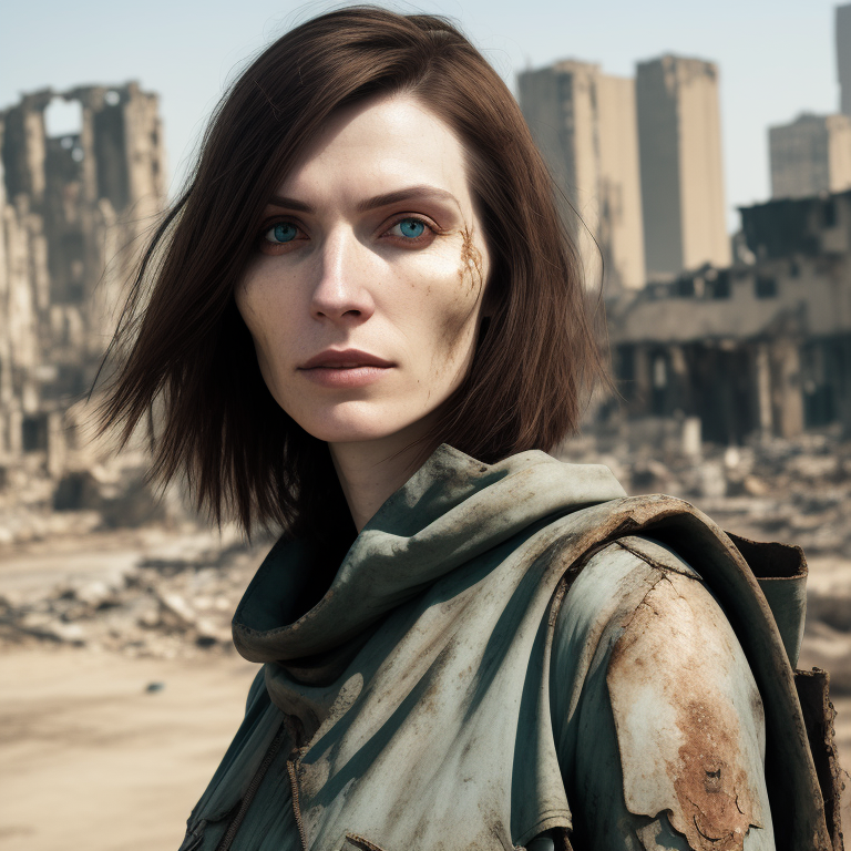  close up portrait photo of woman in wastelander clothes, long haircut, pale skin, slim body, background is city ruins, (high detailed skin:1.2)
