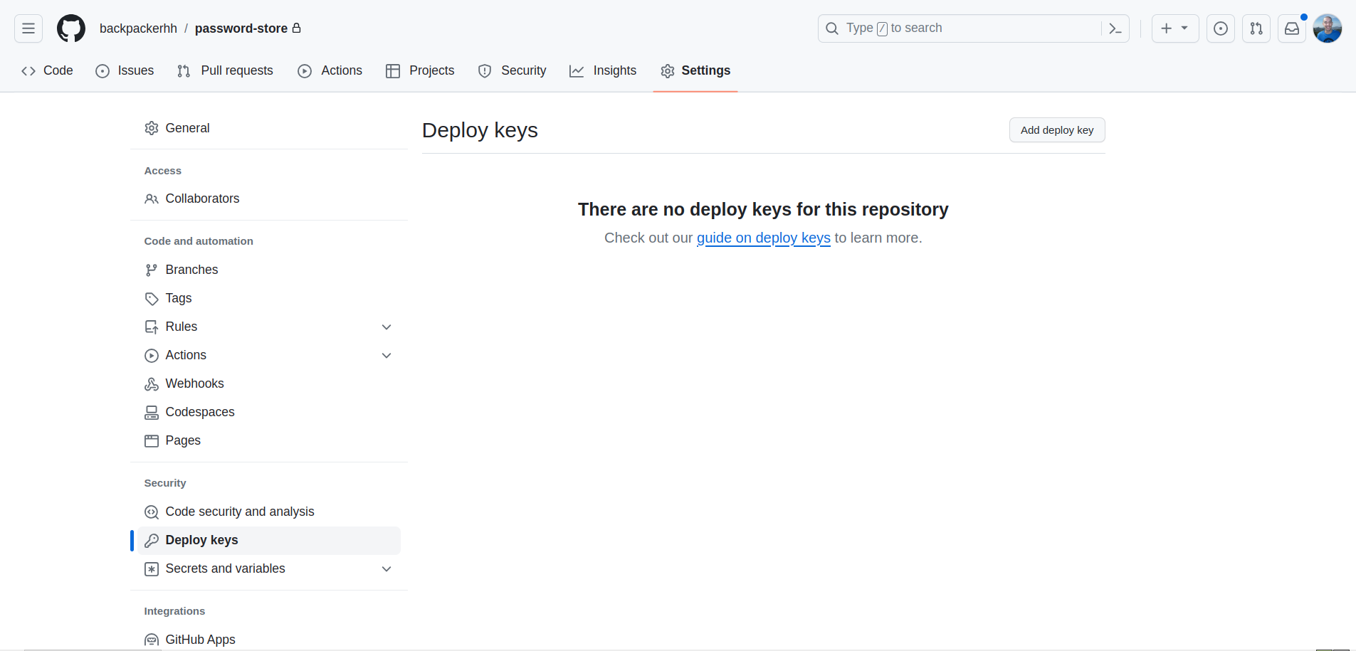 List of deploy keys for remote repository on GitHub (currently none)