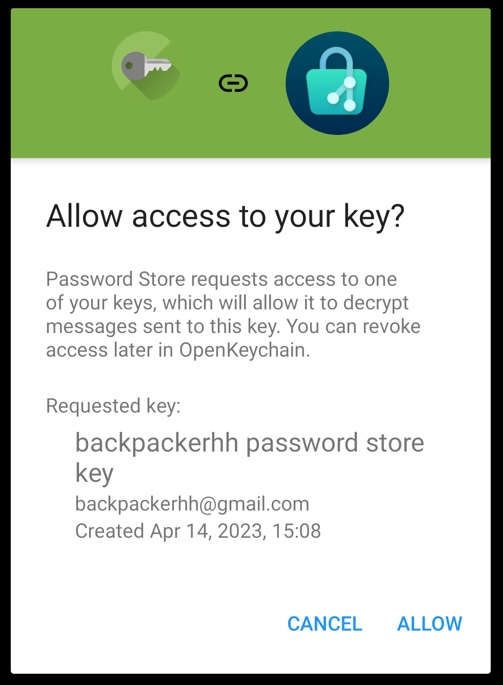 Allow Password Store access to OpenKeychain key dialog