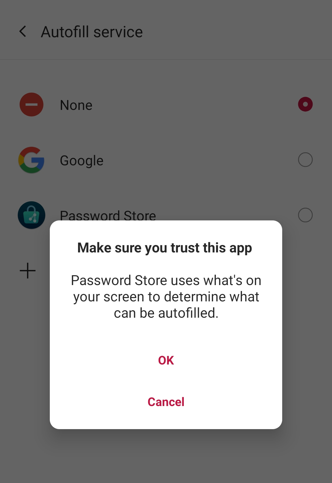 Password Store as autofill service confirmation dialog