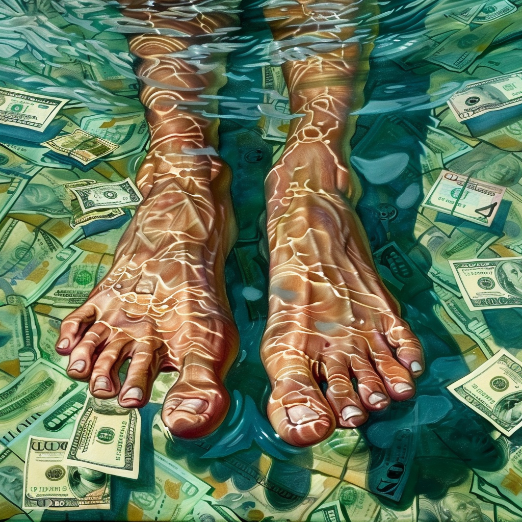 Feet submerged in a pool with money everywhere