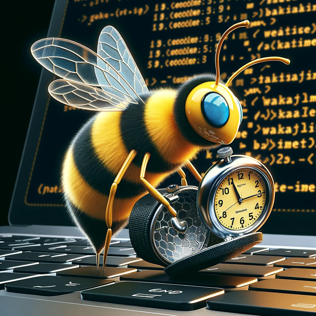 A busy bee coding with a stopwatch