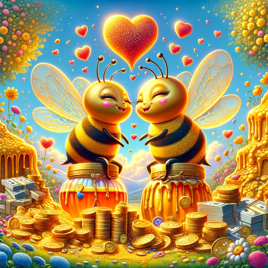 Bees in love, surrounded by honey and money