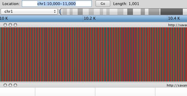 Navigition using Location text field. Sequence track displayed as sequence of colours