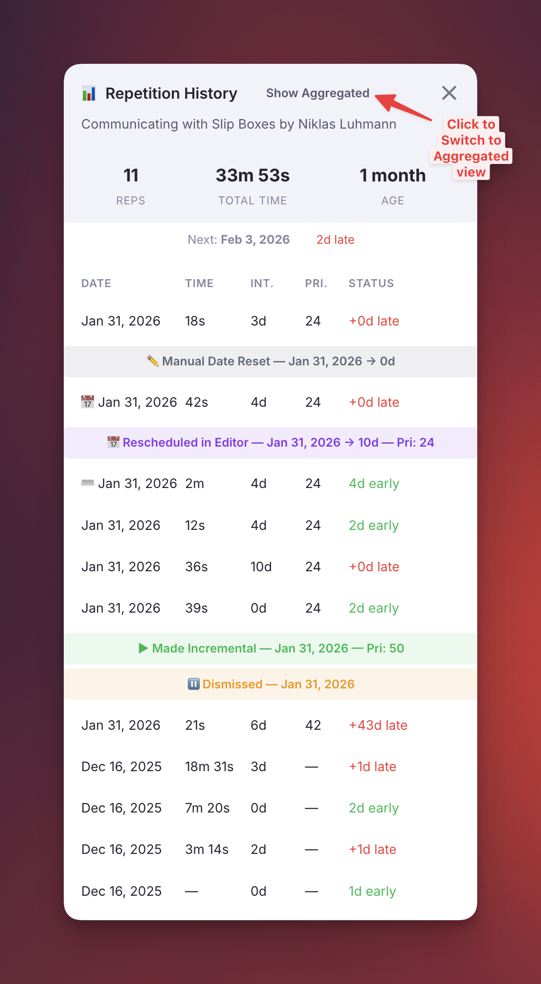 IncRem Repetition History Popup