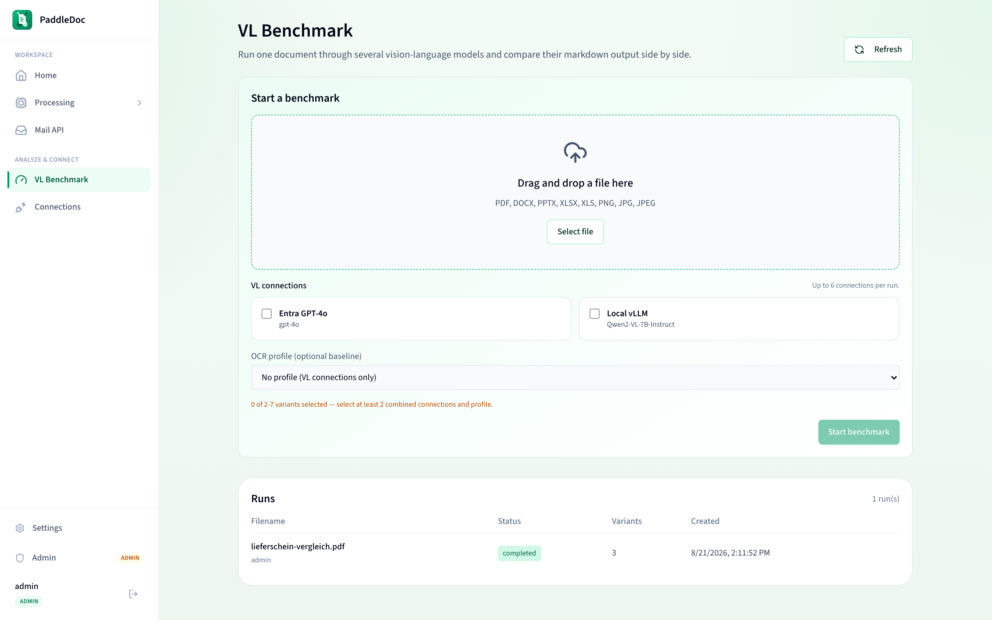 The VL Benchmark start screen with file upload and VL connection/OCR profile checkboxes