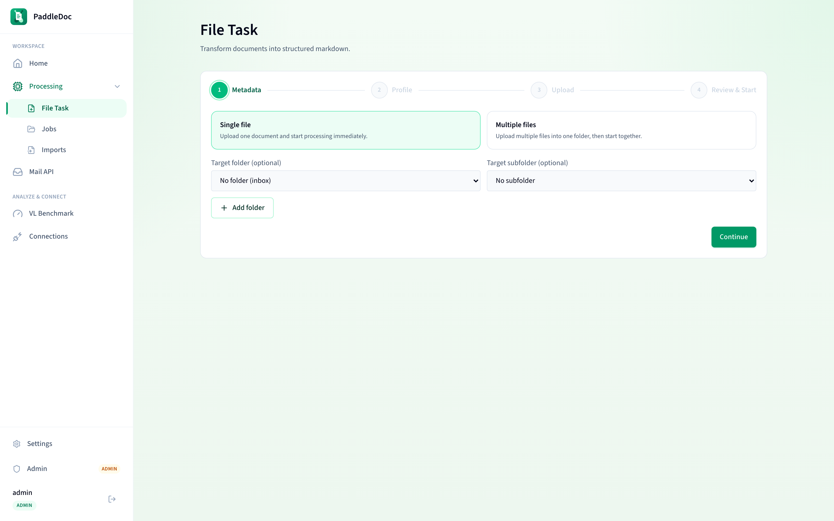 The File Task wizard's Profile step, listing OCR and VL profiles to choose from