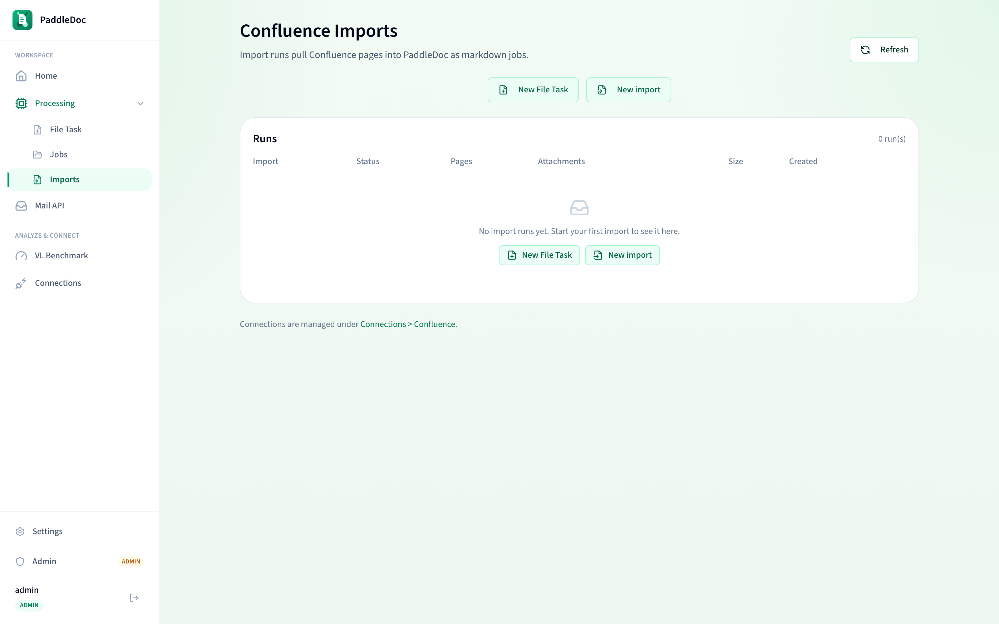 The Imports list showing Confluence import runs with status and page counts