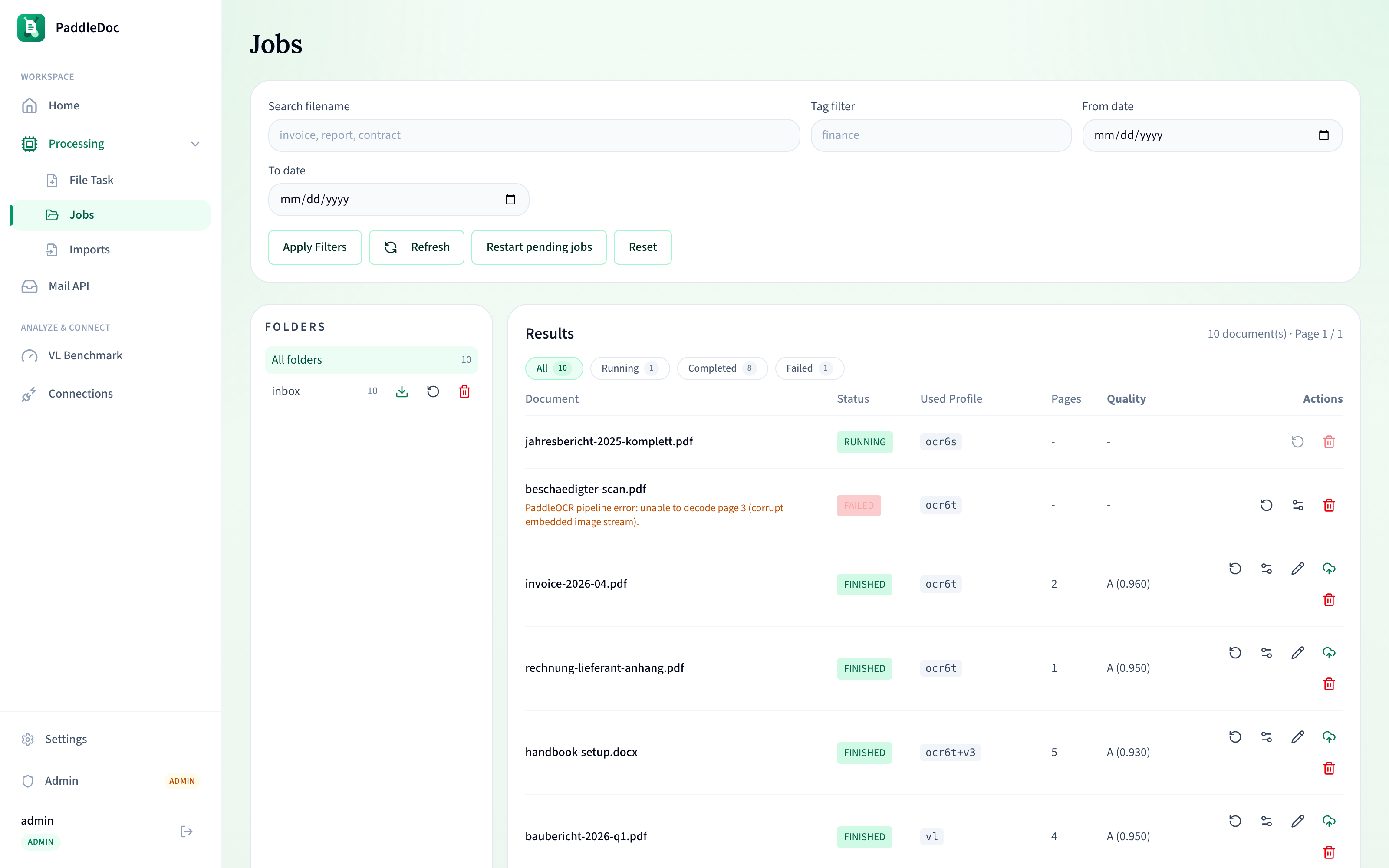 The Jobs list with folder tree, status filter chips, and per-row actions