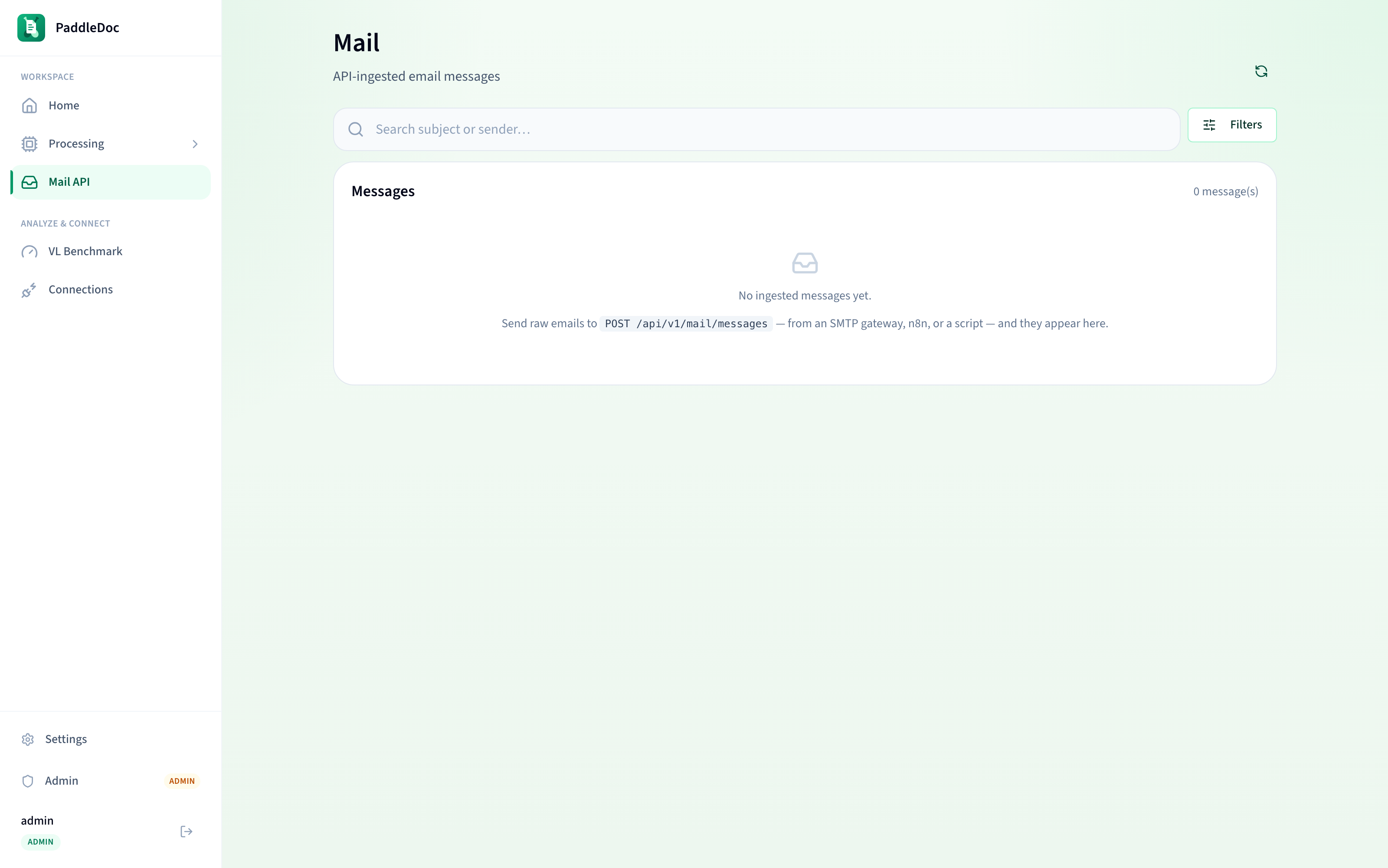 The Mail inbox view with sender, subject, and status for ingested messages