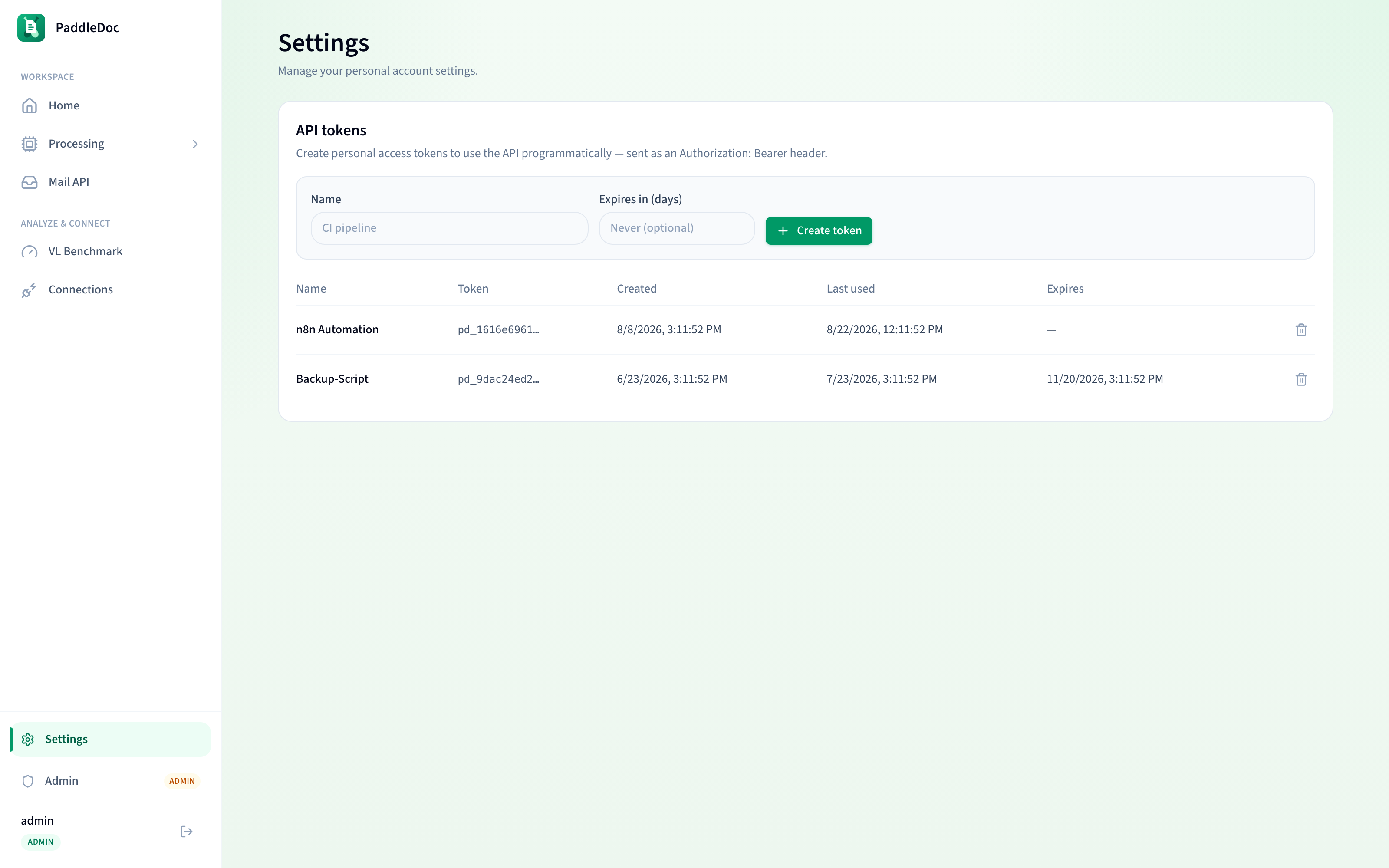The Settings page's API tokens panel