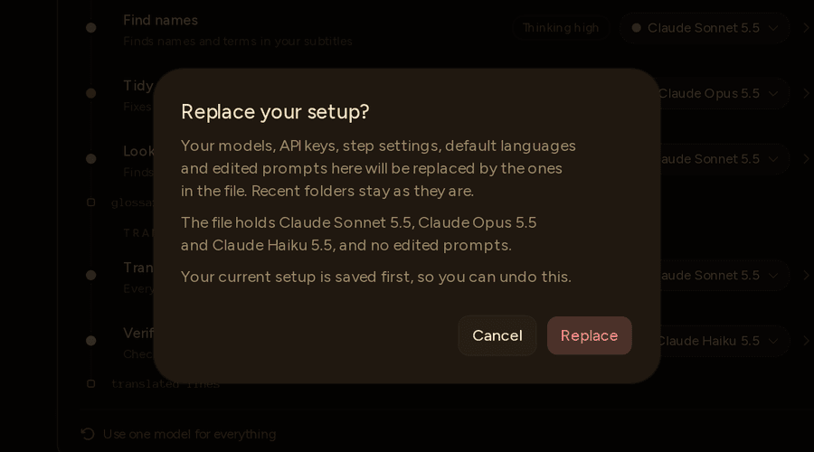 The Replace your setup? confirmation
