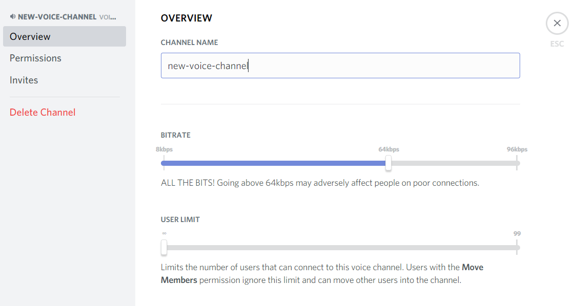 Voice channel setting pop up