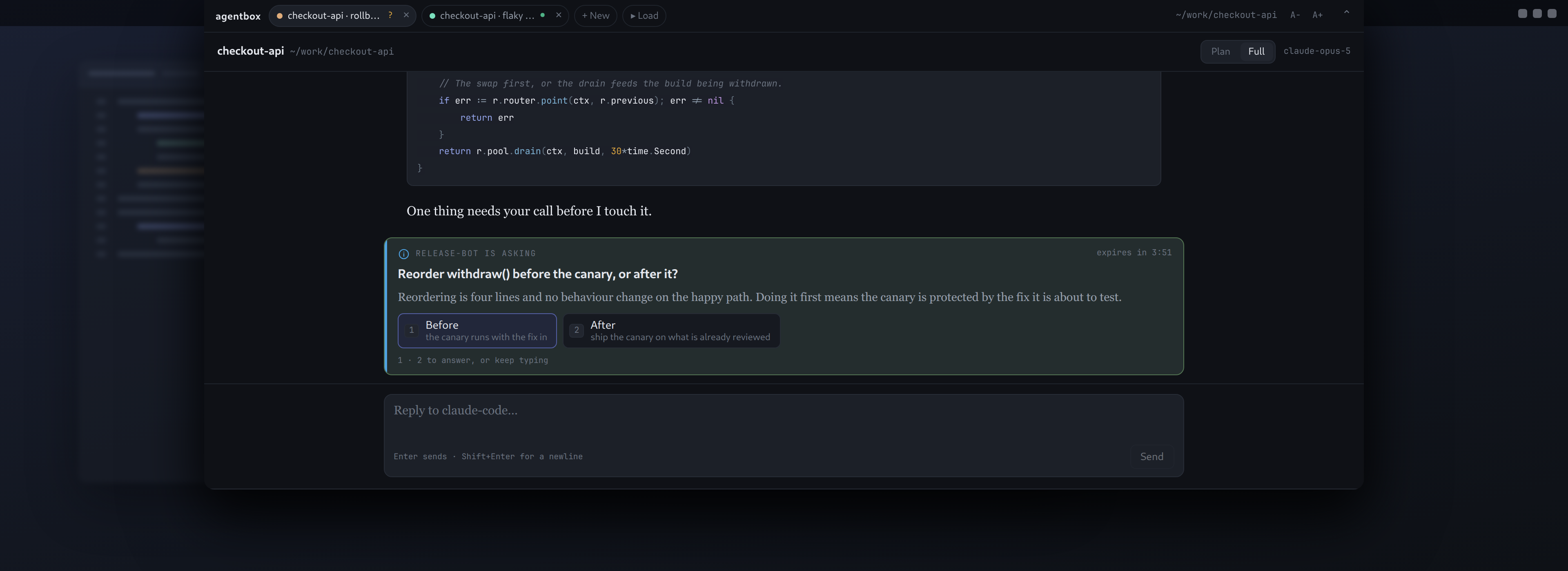 The console rolled down over the editor: session chips along the top, a turn showing the code an agent is proposing to reorder, and below it an inline question from release-bot asking whether to make that change before the canary or after, with two numbered answers and its key hints, sitting above the composer