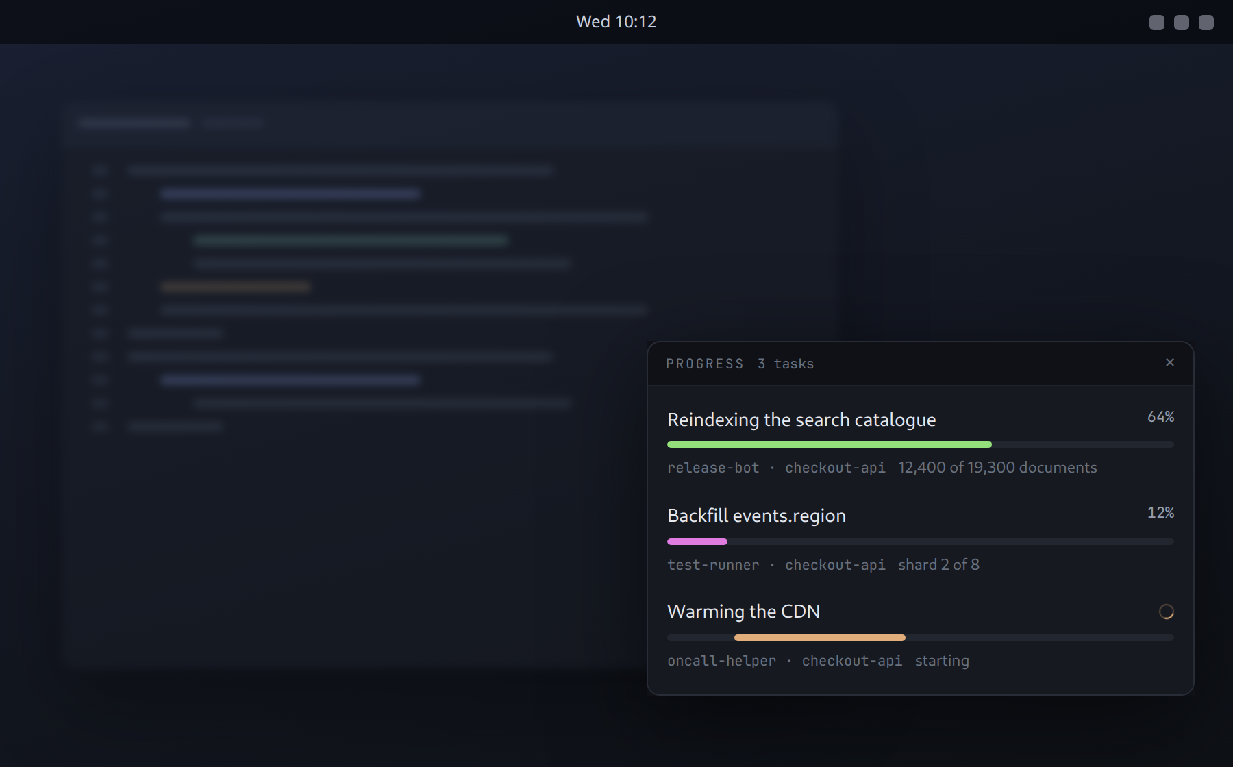 The progress window in the bottom-right corner of the screen: three thin bars, one at 64% reindexing a search catalogue, one at 12% backfilling a column, and one just started with no percentage yet. It has no answer zone and no countdown