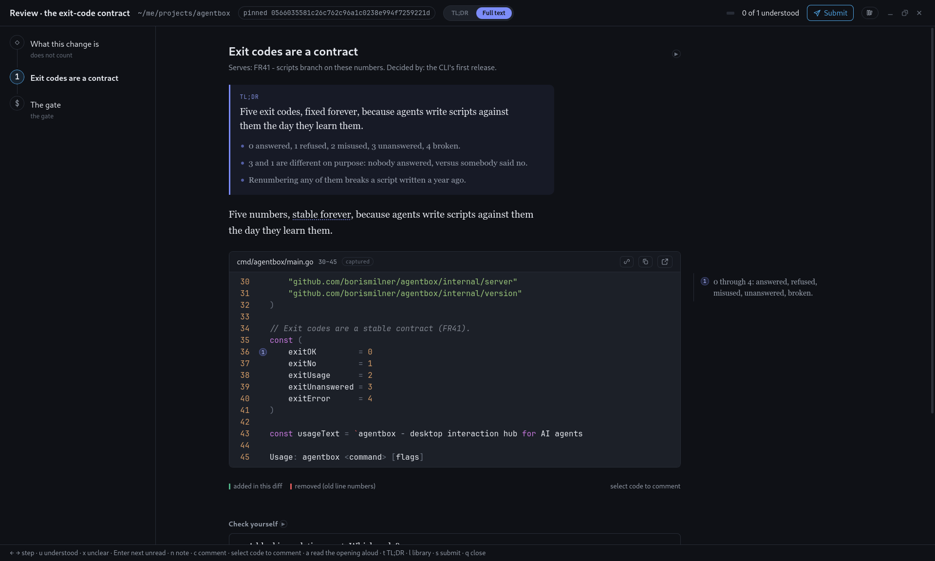 The review board: the rail of steps on the left, one step open at its TL;DR, and under it the real code at cmd/agentbox/main.go lines 30 to 45 with a note anchored to the exit-code constants reading 0 through 4: answered, refused, misused, unanswered, broken