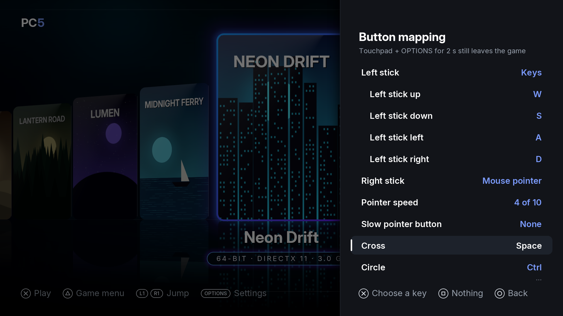 The Button mapping screen