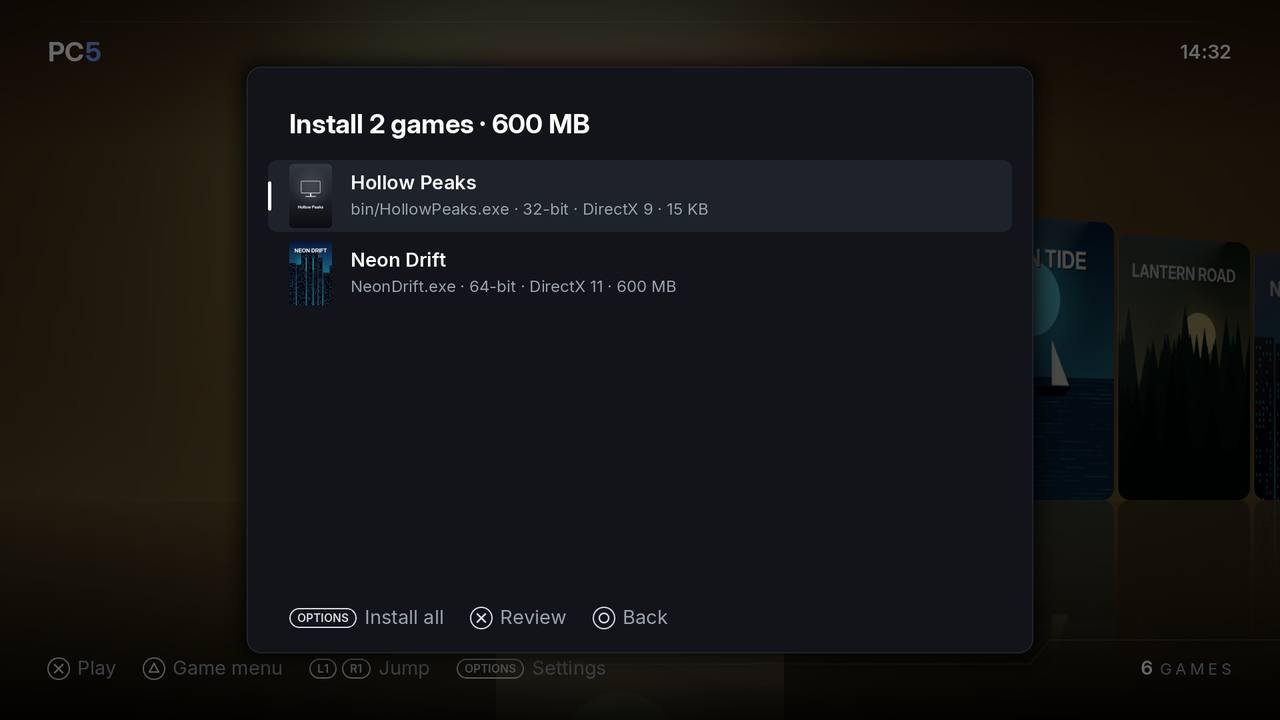 The list of games about to be installed