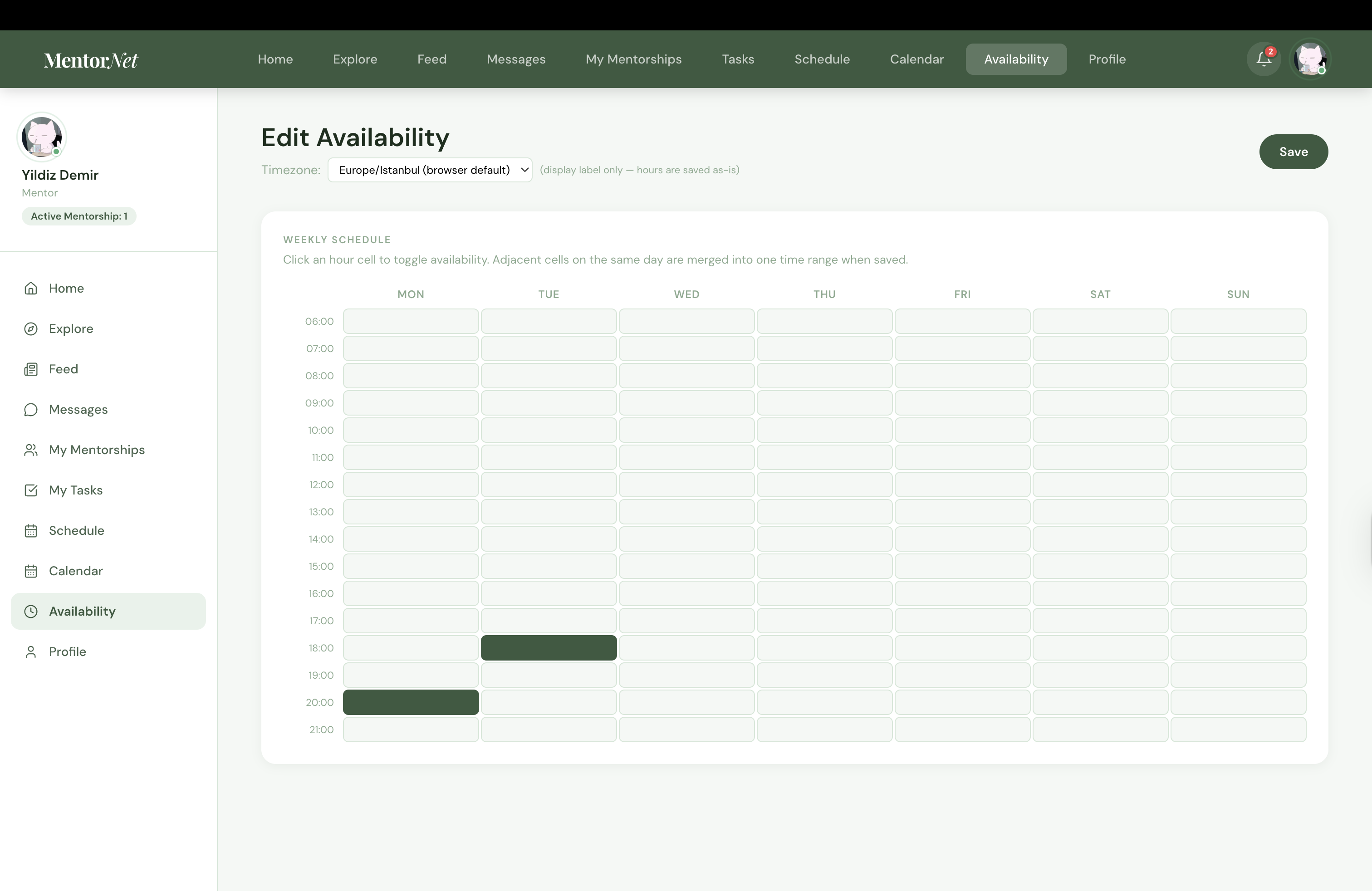 Mentor availability editor