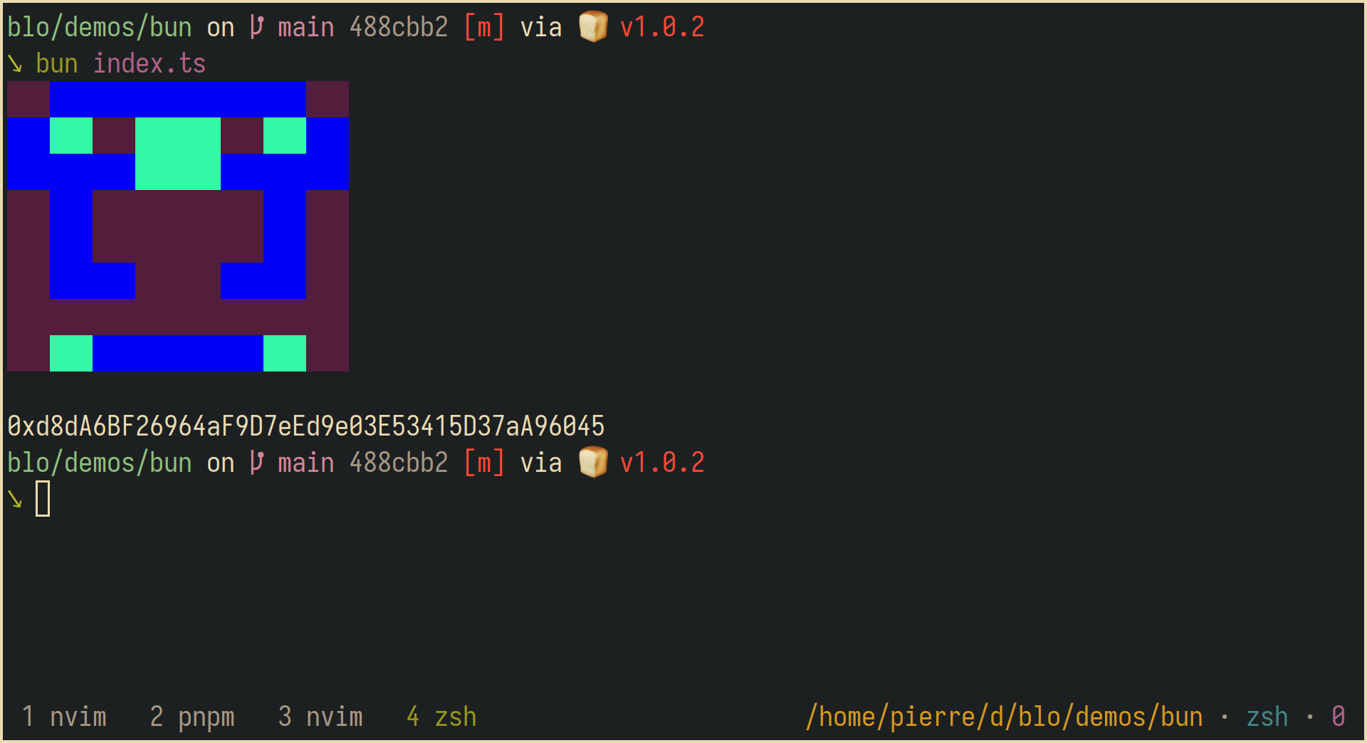 Ethereum identicon rendered in the terminal
