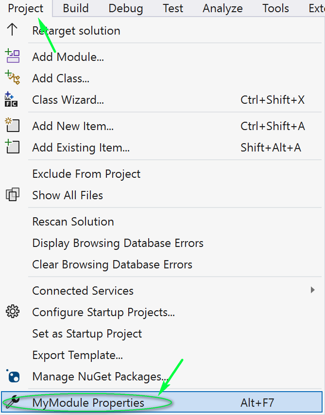 Project properties menu
