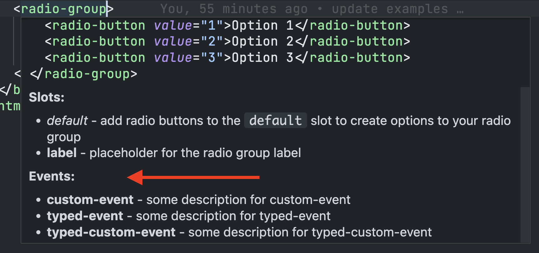 events section of autocomplete popup from vs code