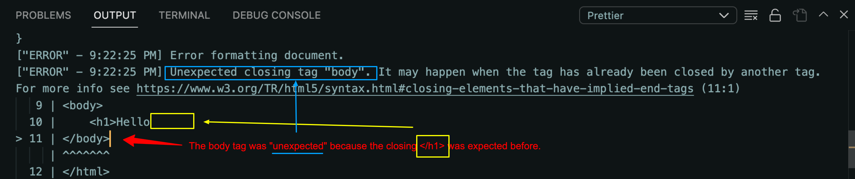 how unclosed tags errors show up