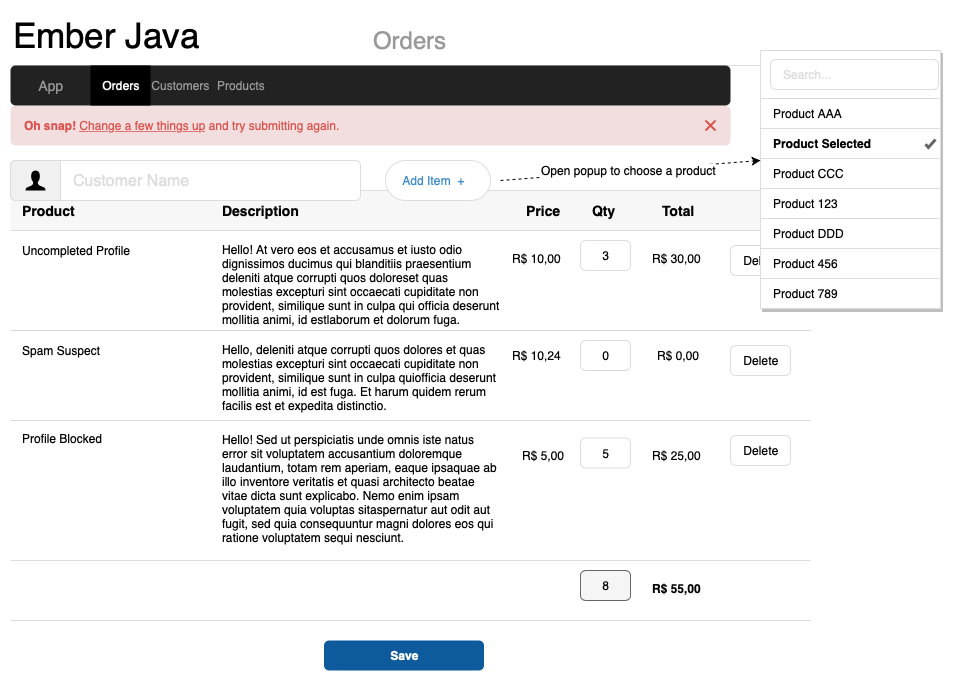 Exemplo de Tela Ember Java